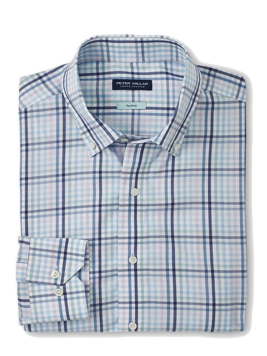 A Peter Millar Caspian Cotton Sport Shirt in Multi, featuring a blue and white plaid design, expertly crafted from cotton.