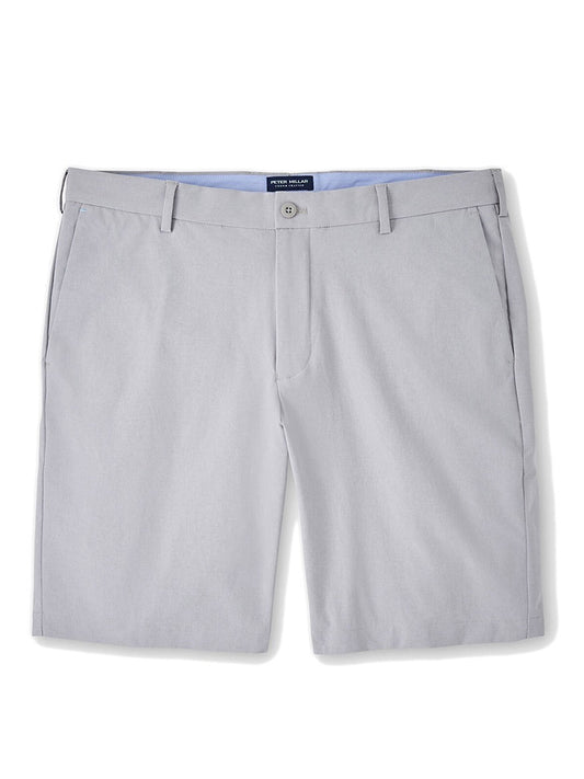 Peter Millar Surge Performance Short in Gale Grey with a blue waistband detail.