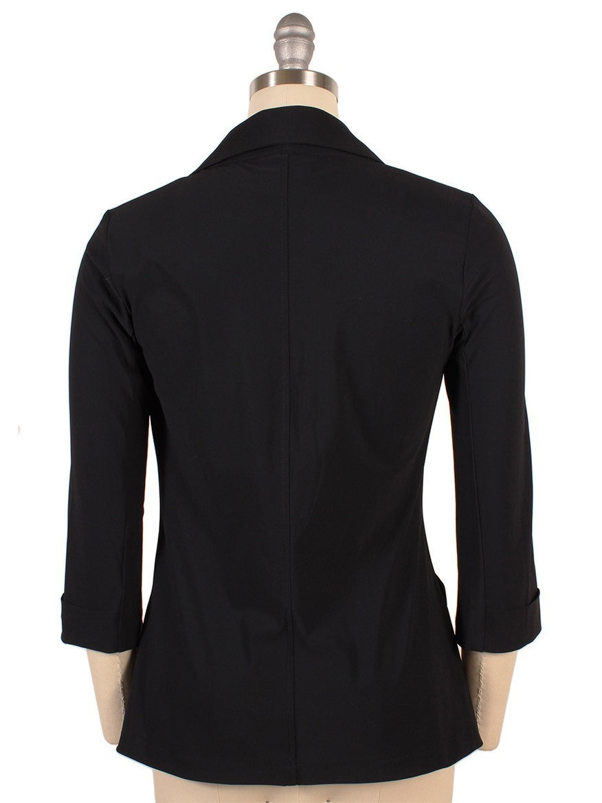 Mannequin displaying the back view of a Porto Jiffy Collared Jacket in Black with three-quarter sleeves, crafted from jet jersey fabric.