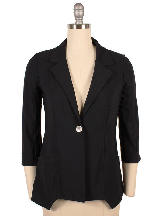 A black Porto Jiffy Collared Jacket with three-quarter sleeves displayed on a mannequin.