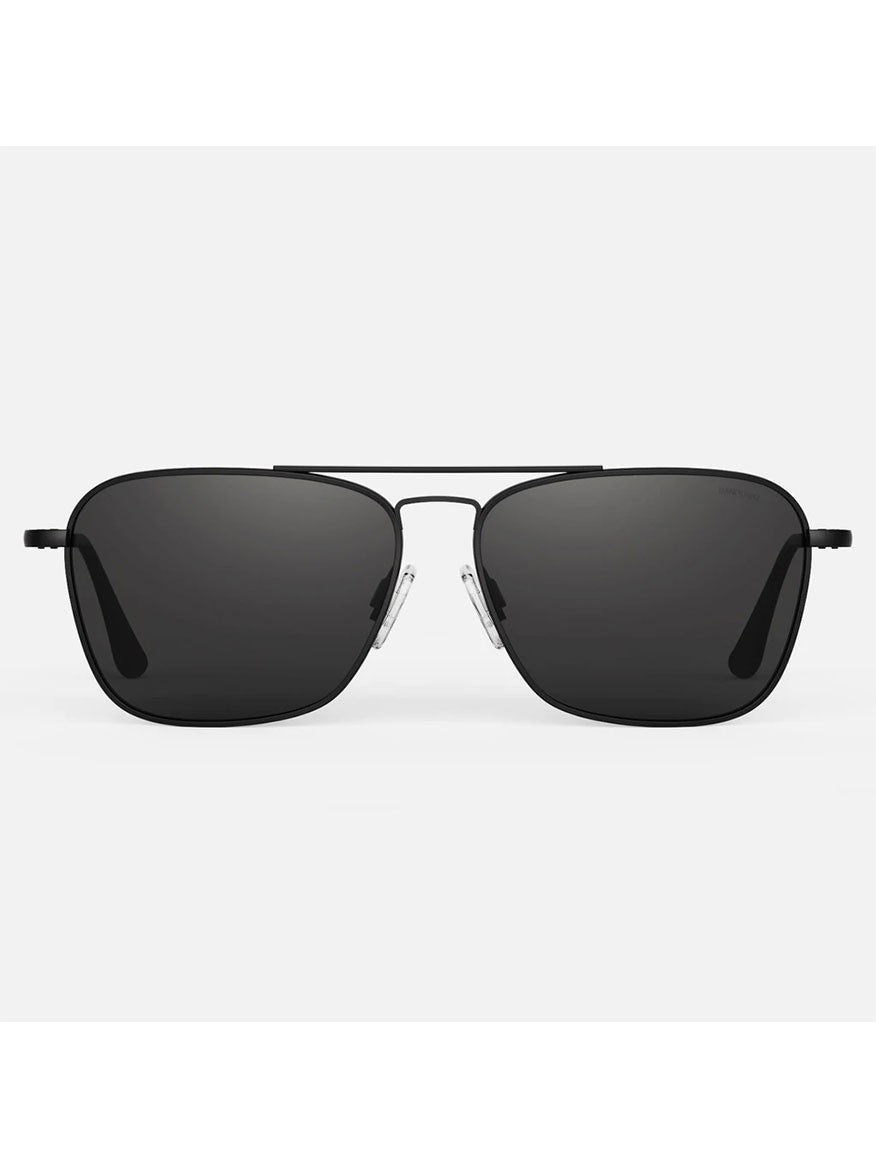 Matte black Randolph Intruder American Gray sunglasses with SkyTec™ Glass lenses and a thin metal frame, mimicking the iconic A-6 Intruder, against a plain white background.