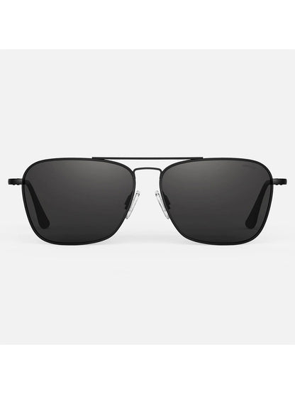 Matte black Randolph Intruder American Gray sunglasses with SkyTec™ Glass lenses and a thin metal frame, mimicking the iconic A-6 Intruder, against a plain white background.