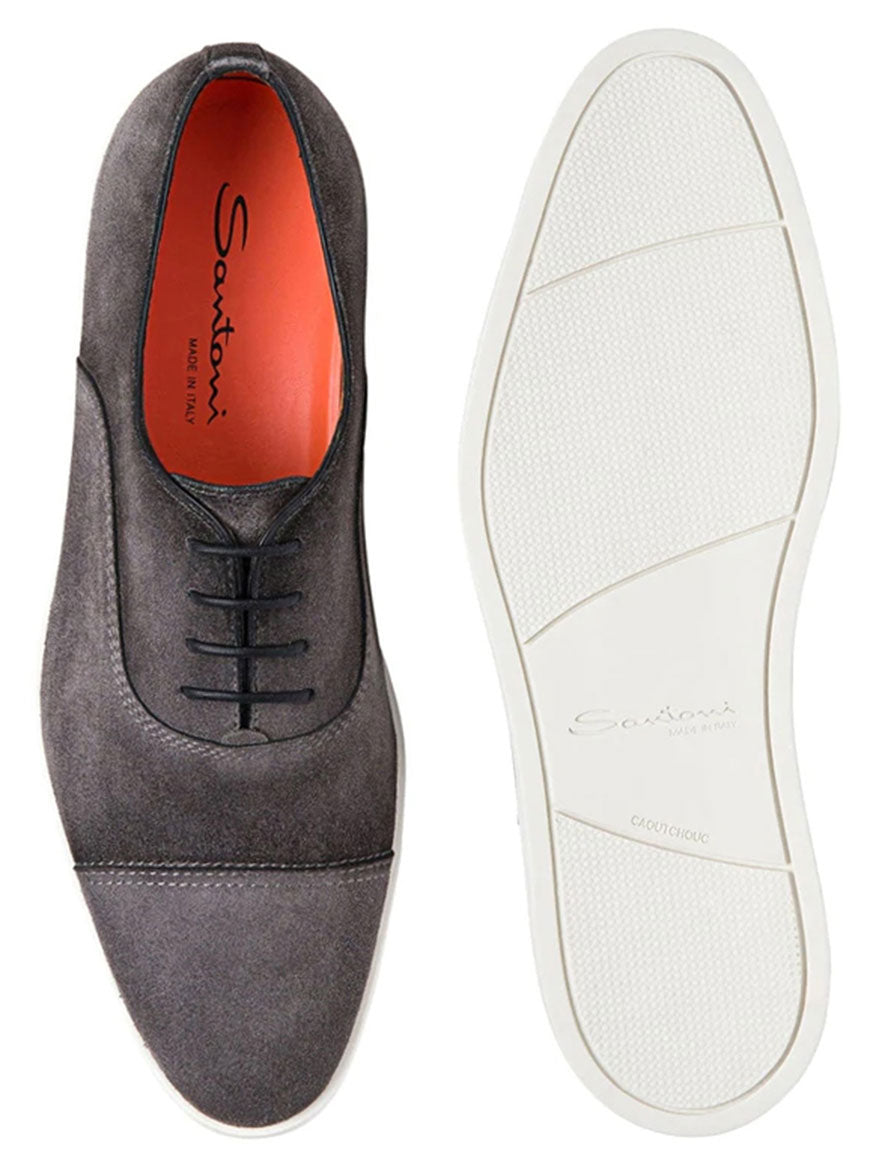A pair of Santoni Behemoth Captoe Sneakers in Grey Suede with a contrasting white sole, viewed from above.