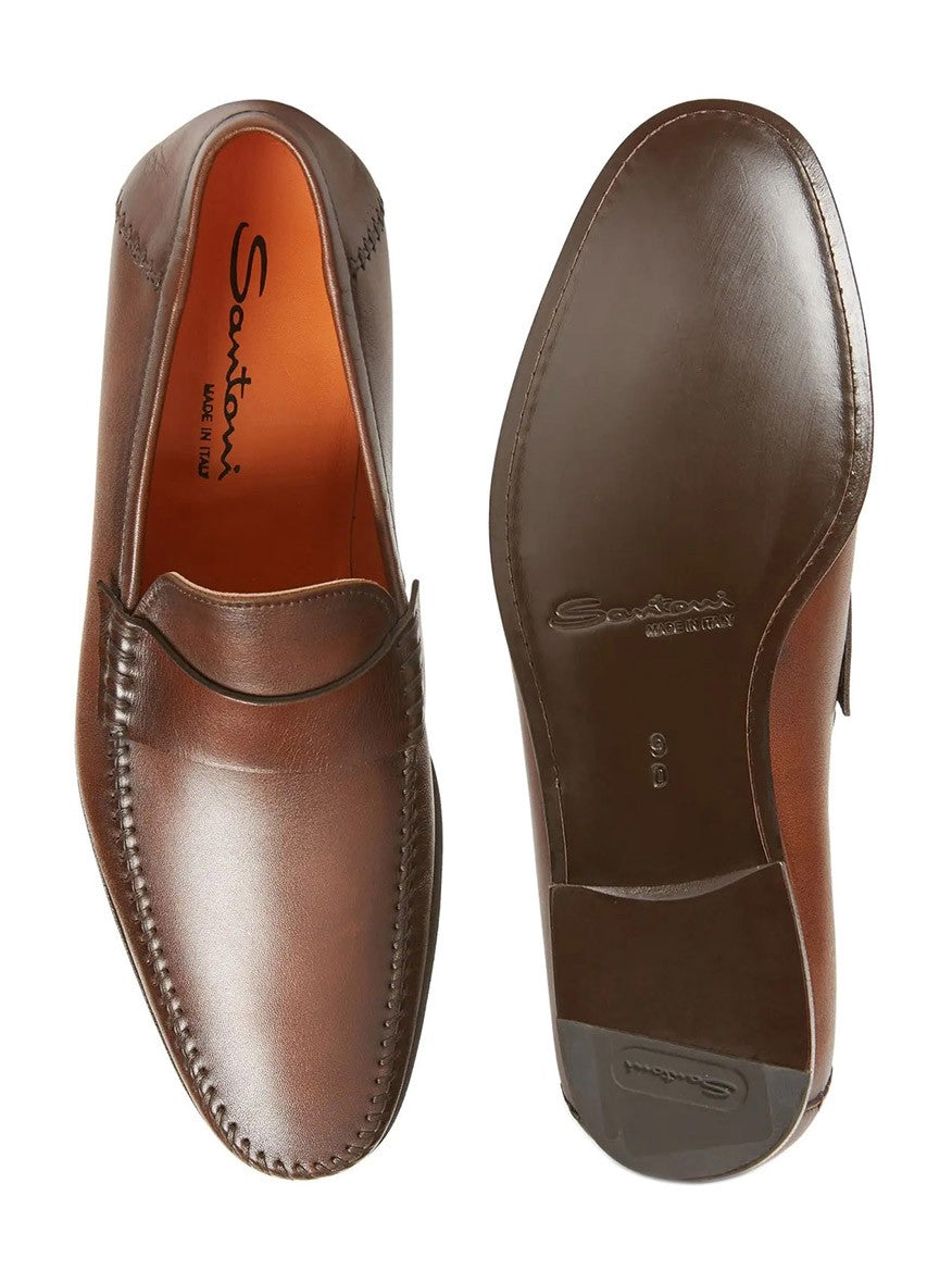 A pair of Santoni Paine loafers in brown, made in Italy, displayed from the top and bottom view.