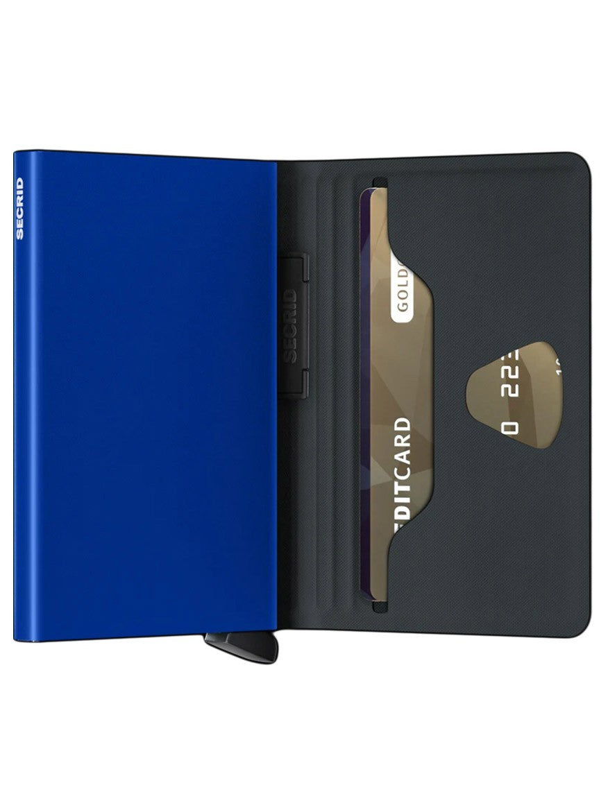 A small blue Secrid Bandwallet TPU in Black & Cobalt with a credit card inside.