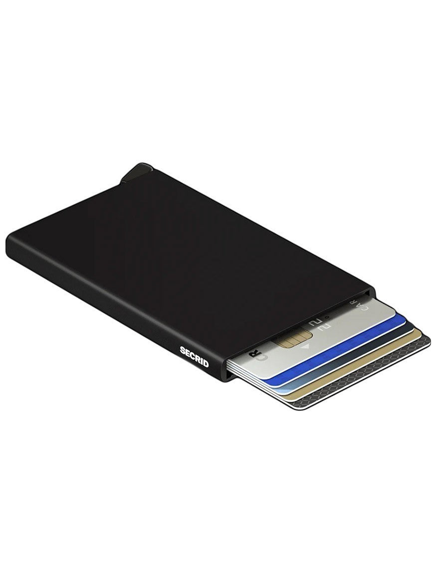 A minimalist Secrid Cardprotector in Black, featuring RFID-safe technology, displayed on a clean white background.