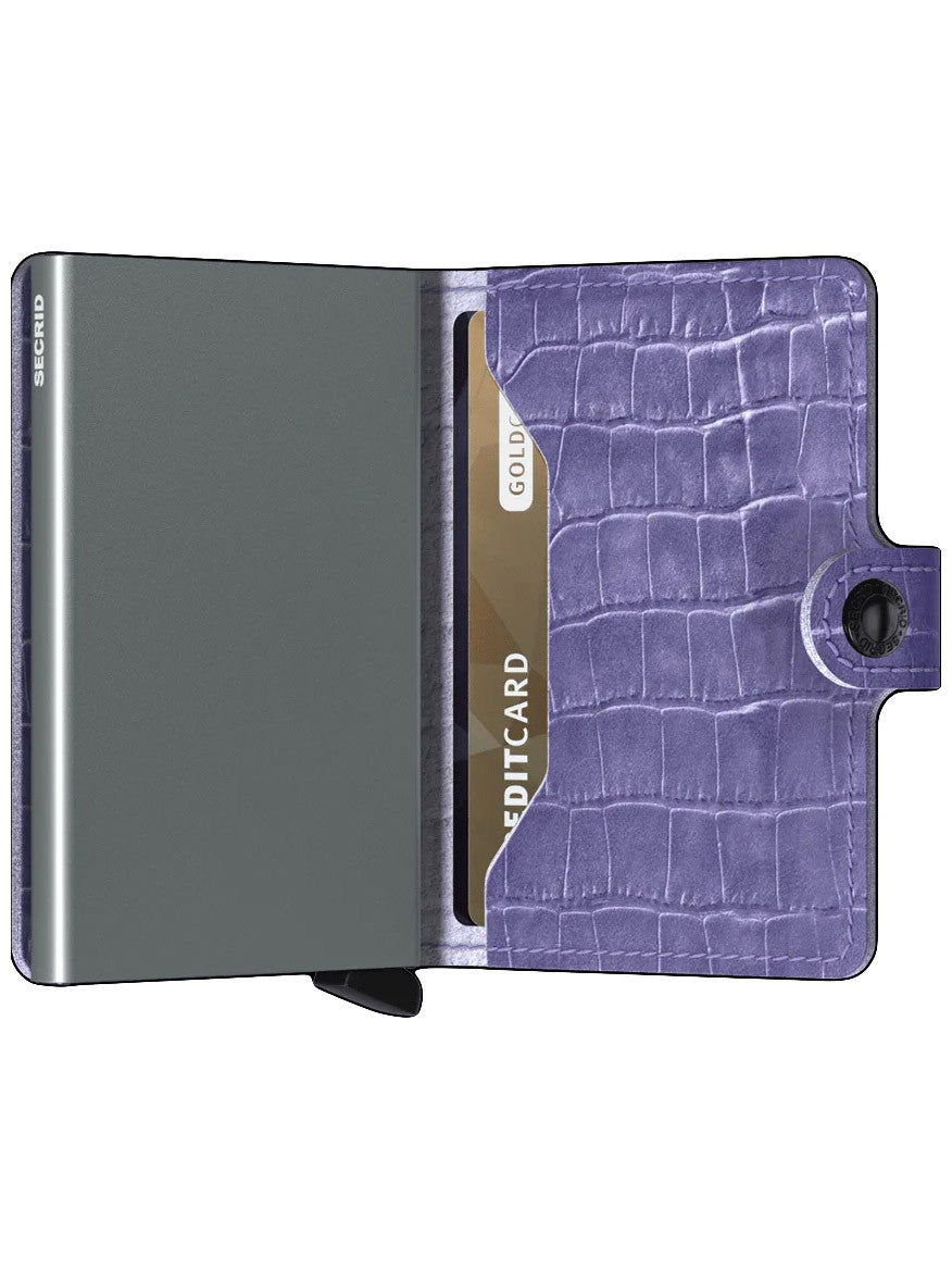 Secrid Miniwallet Cleo in Lavender phone case with a card slot, viewed from above.