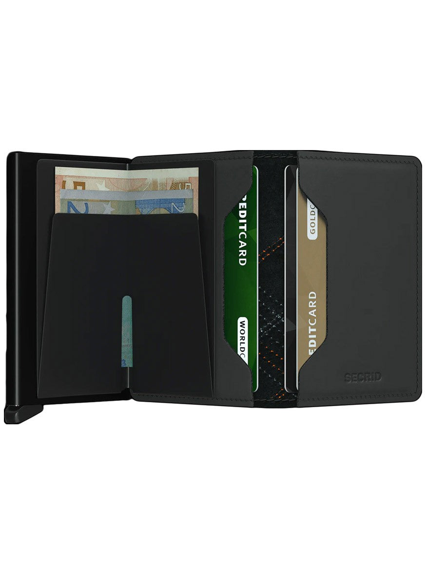 Secrid Slimwallet Stitch in Linea Orange with cards and cash visible in the slots, featuring RFID protection.