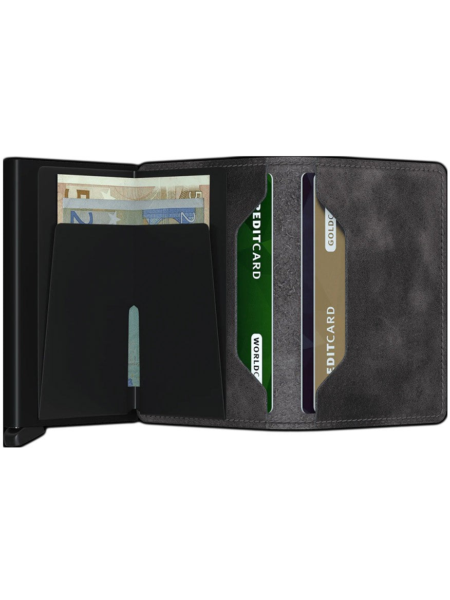 A Secrid Slimwallet Vintage in Grey-Black with a credit card in its cardprotector.