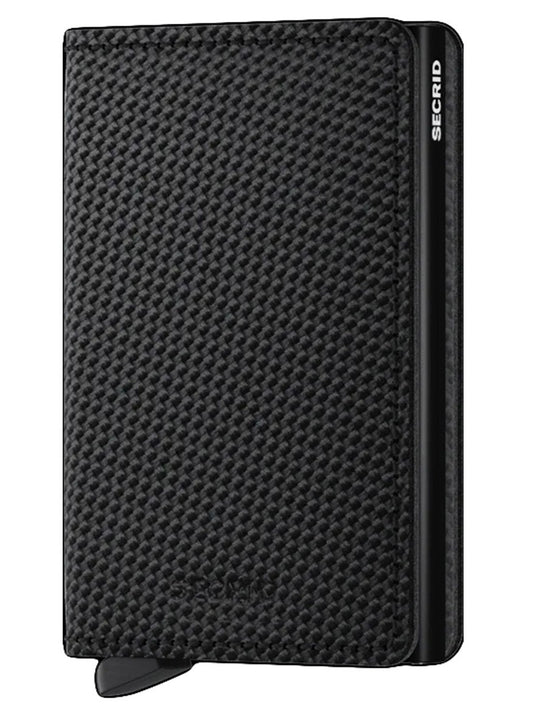 A sleek Secrid Slimwallet Carbon in Black with a Cardprotector mechanism on a white background.