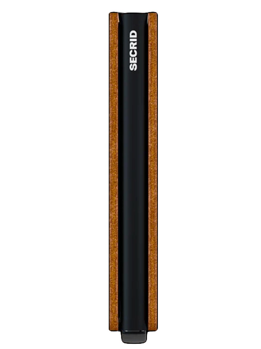 Slim black and brown Secrid Slimwallet Perforated in Cognac with RFID protection.
