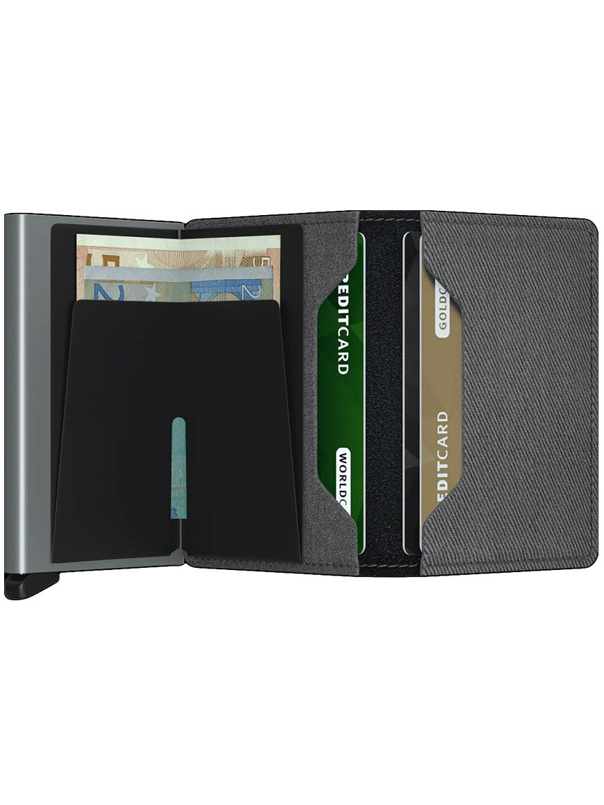 A Secrid Slimwallet Twist in Grey with an aluminium Cardprotector and two credit cards.