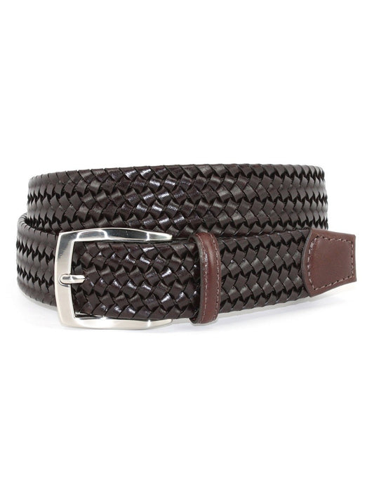 A Torino Leather Italian Woven Stretch Leather Belt in Brown with a silver buckle made of Italian leather.