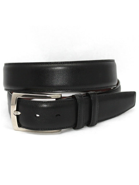 A Torino Leather Italian Burnished Calfskin Belt in Black with a polished nickel finished brass buckle.