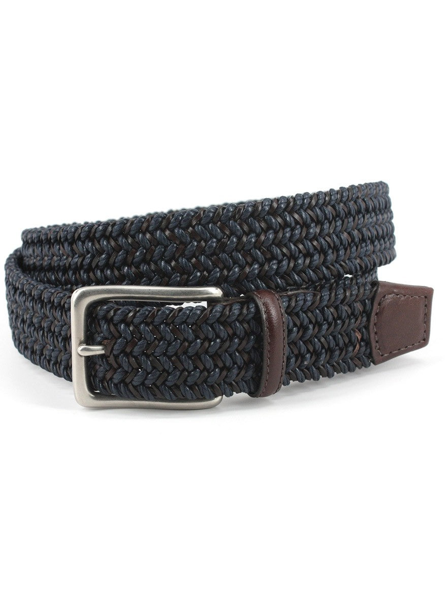Torino Leather Italian Woven Cotton & Leather Belt in Navy/Brown