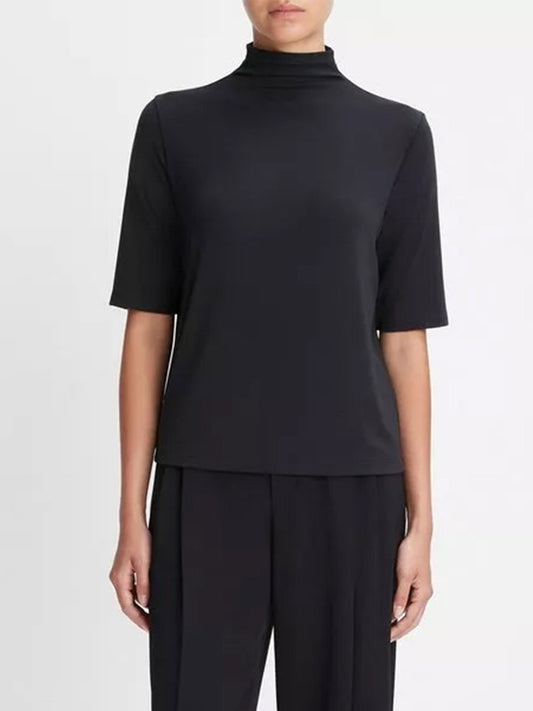 Vince Relaxed Elbow-Sleeve Mock Neck T-Shirt in Black