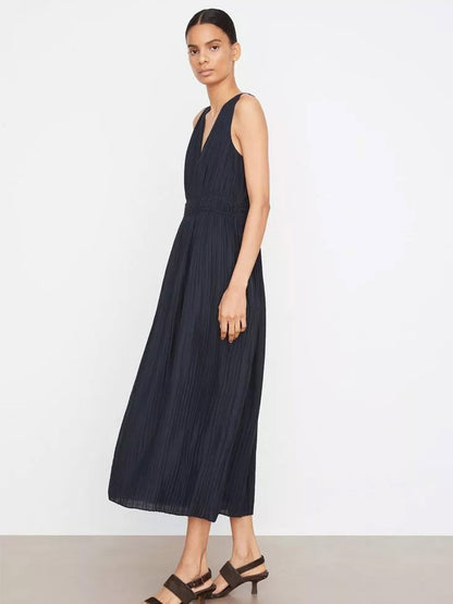 Vince Pleated Double V-Neck Dress in Coastal