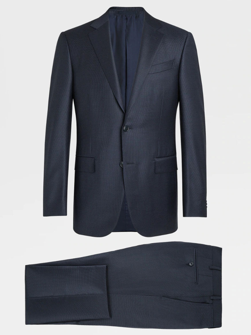 Zegna Navy Blue Milano Trofeo™ Wool Suit in Pinpoint Pattern for men with blazer and trousers.